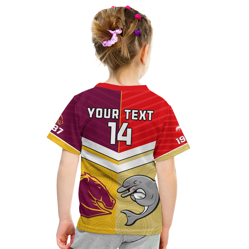 (Custom Text And Number) Dolphins Mix Broncos Rugby T Shirt KID Indigenous Art LT14