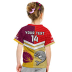 (Custom Text And Number) Dolphins Mix Broncos Rugby T Shirt Indigenous Art LT14
