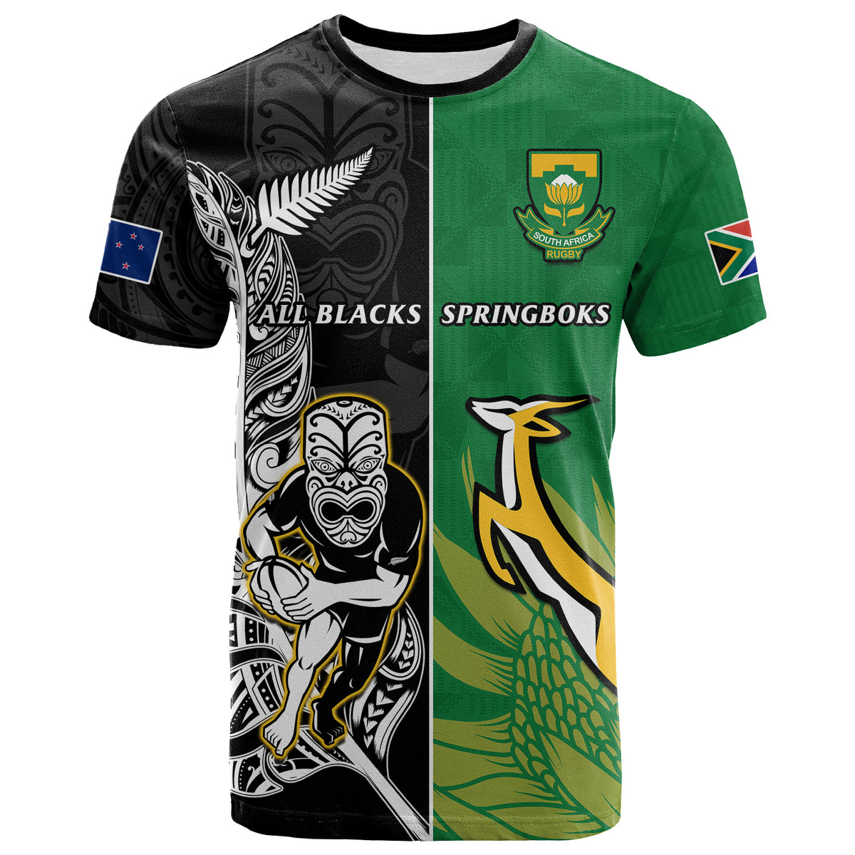 (Custom Personalised) New Zealand And South Africa Rugby T Shirt All Black Maori Mix Springboks LT14