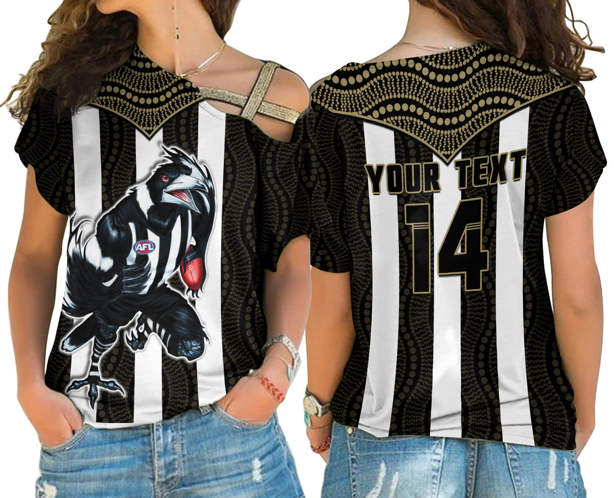 (Custom Text And Number) Magpies Football Cross Shoulder Shirt Collingwood 1892 Indigenous Sporty Style LT14