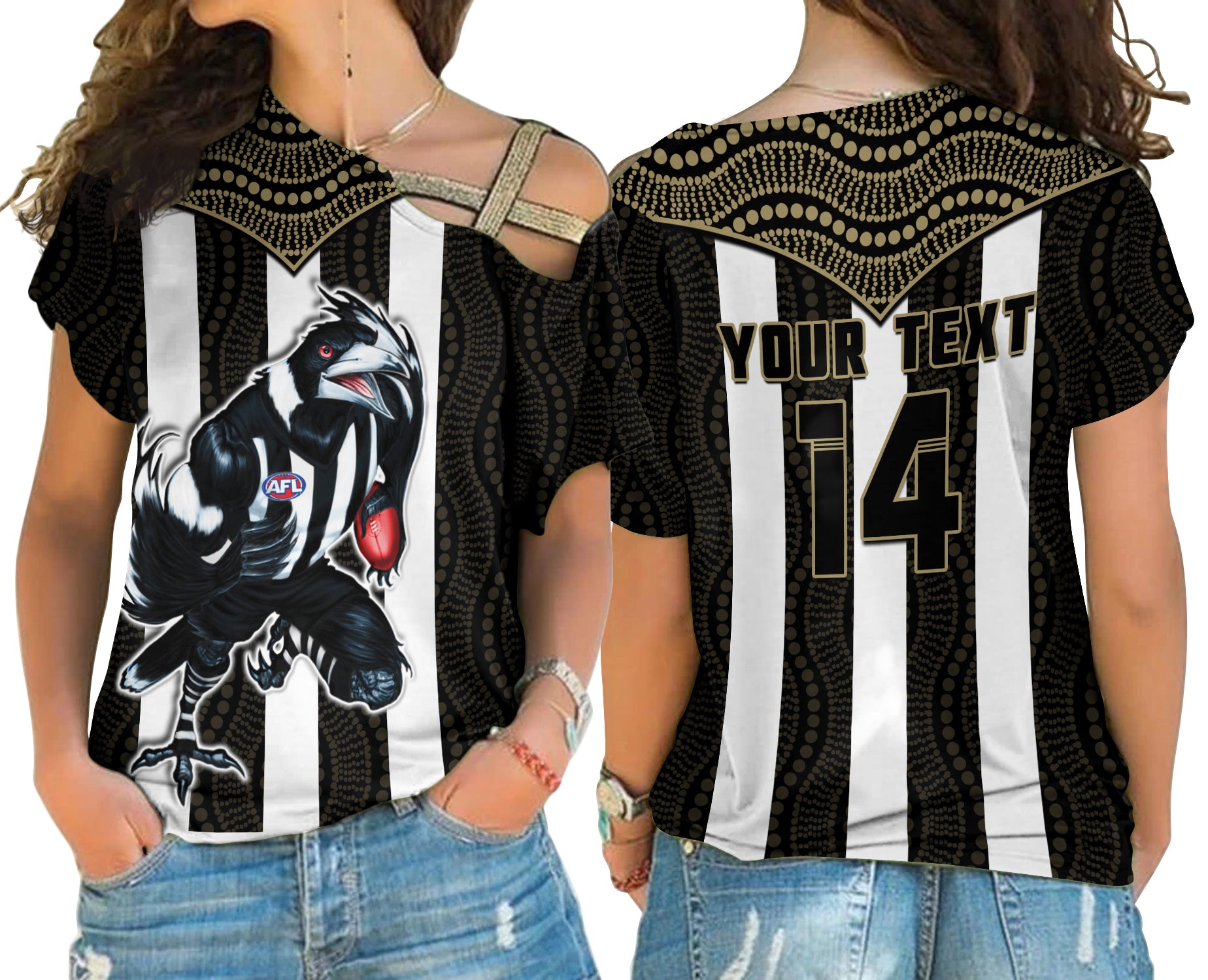 (Custom Text And Number) Magpies Football Cross Shoulder Shirt Collingwood 1892 Indigenous Sporty Style LT14