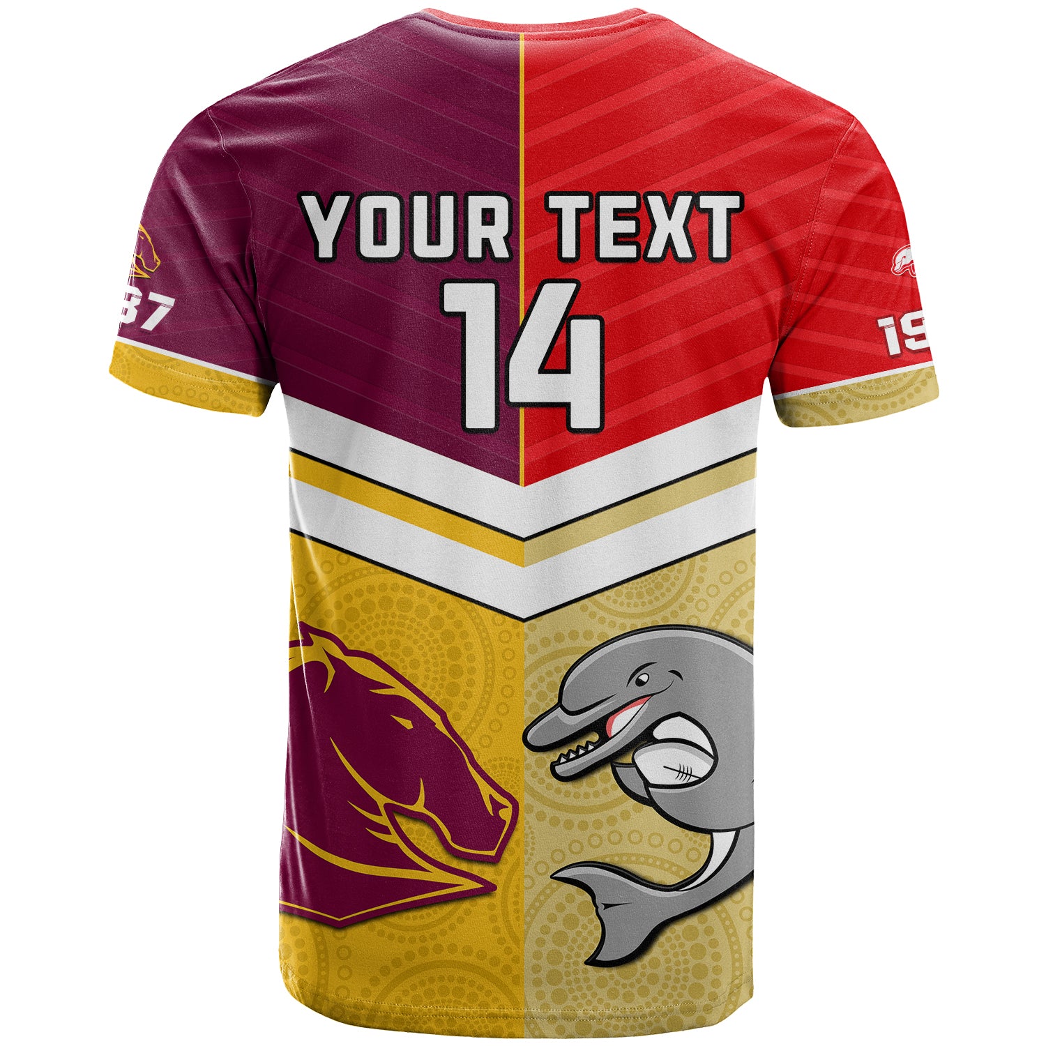 (Custom Text And Number) Dolphins Mix Broncos Rugby T Shirt Indigenous Art LT14