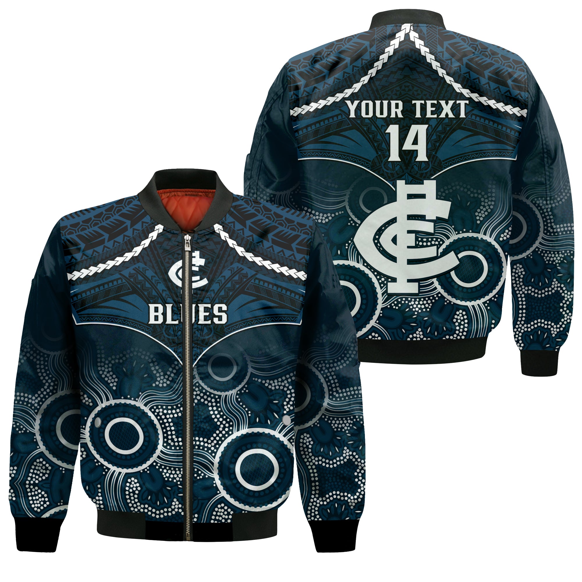 Personalised Carlton Football Sleeve Zip Bomber Jacket Blues Aboriginal Mix Polynesian Pattern LT14