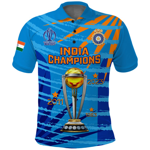 Custom India Cricket Polo Shirt Men In Blue 3rd Champions World Cup Trophy LT14