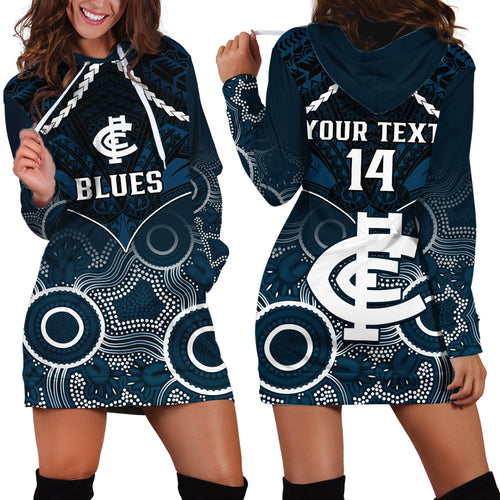 Personalised Carlton Football Hoodie Dress Blues Aboriginal Mix Polynesian Pattern LT14