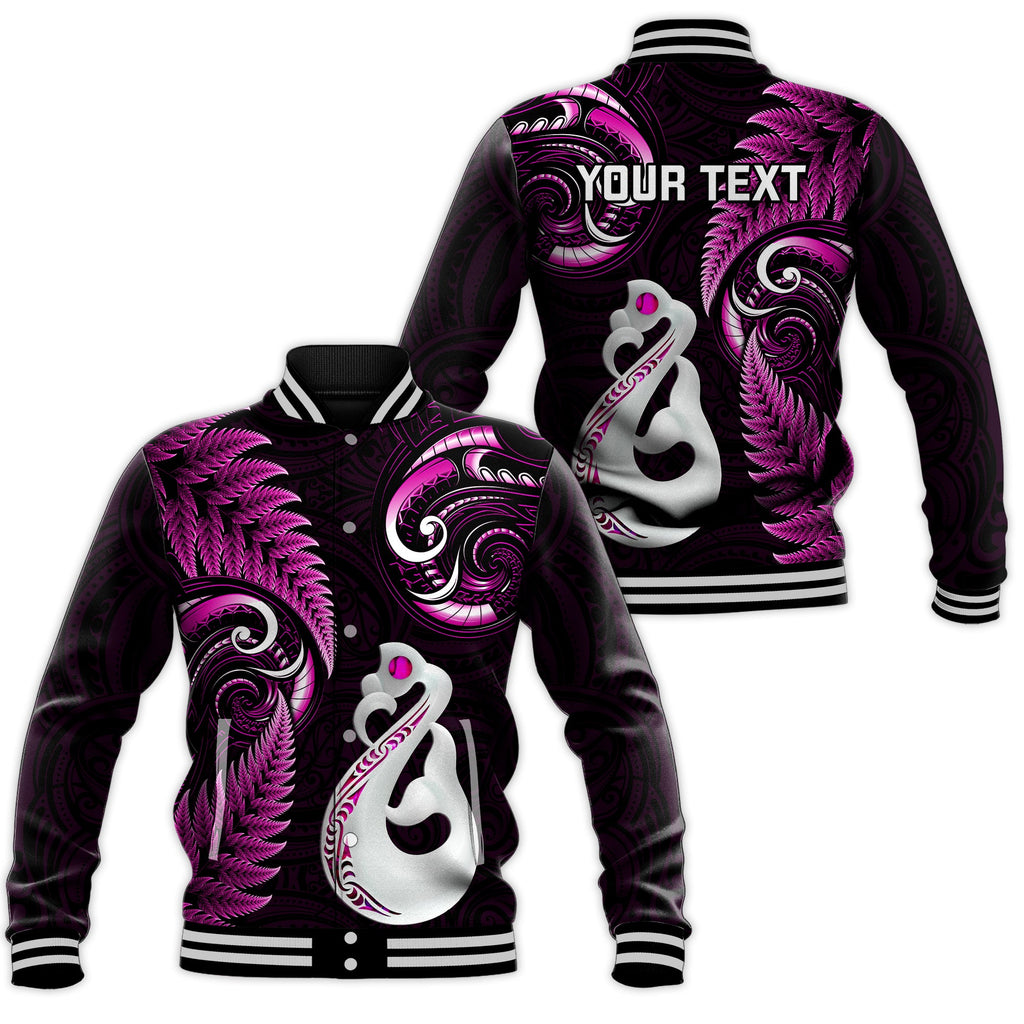 Personalised New Zealand Baseball Jacket Aotearoa Silver Fern With Manaia Maori Unique Pink LT14