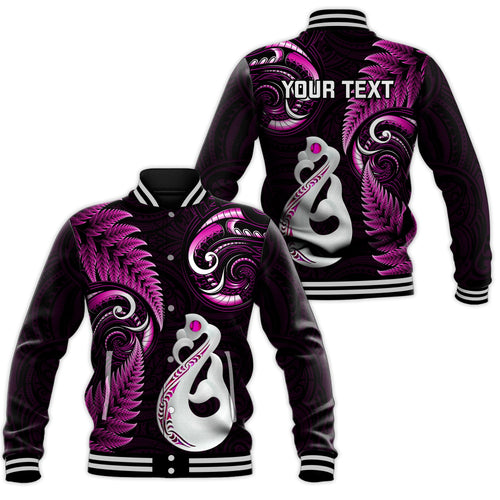 Personalised New Zealand Baseball Jacket Aotearoa Silver Fern With Manaia Maori Unique Pink LT14