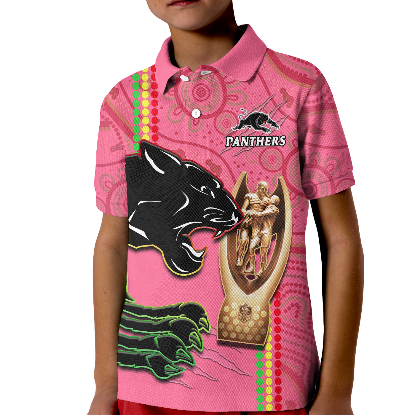 Panthers Rugby Polo Shirt The Riff 2023 Premiers Aboriginal Pink LT14