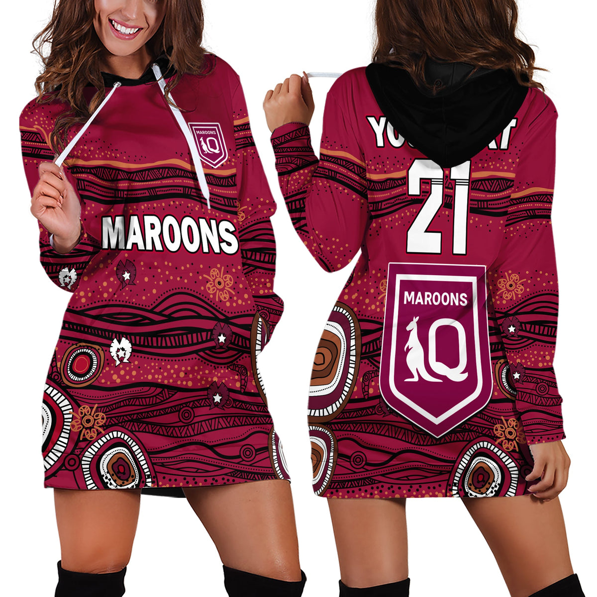 custom-text-and-number-qld-maroons-rugby-hoodie-dress-indigenous