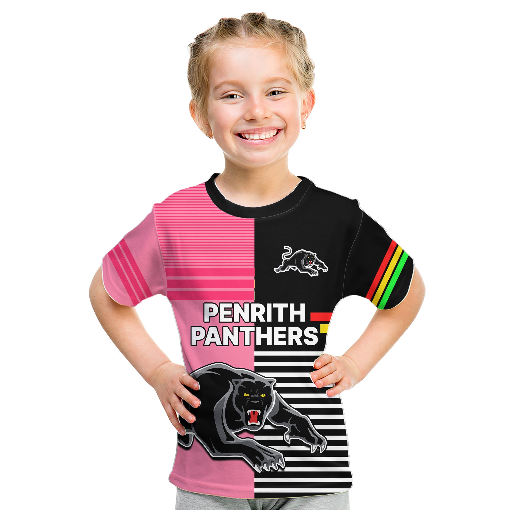 Penrith Panthers Rugby Kid T Shirt Proud The Panthers Comeback Black and Pink LT9