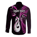 Personalised New Zealand Long Sleeve Button Shirt Aotearoa Silver Fern With Manaia Maori Unique Pink LT14