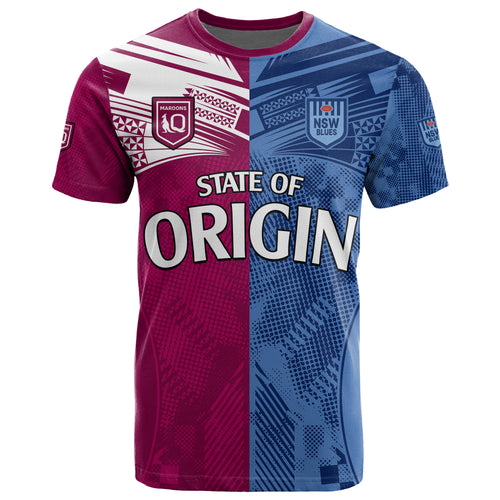 (Custom Text And Number) Blues and Maroons Rugby T Shirt State of Origin NSW Combine QLD Sporty Style 2023 LT9
