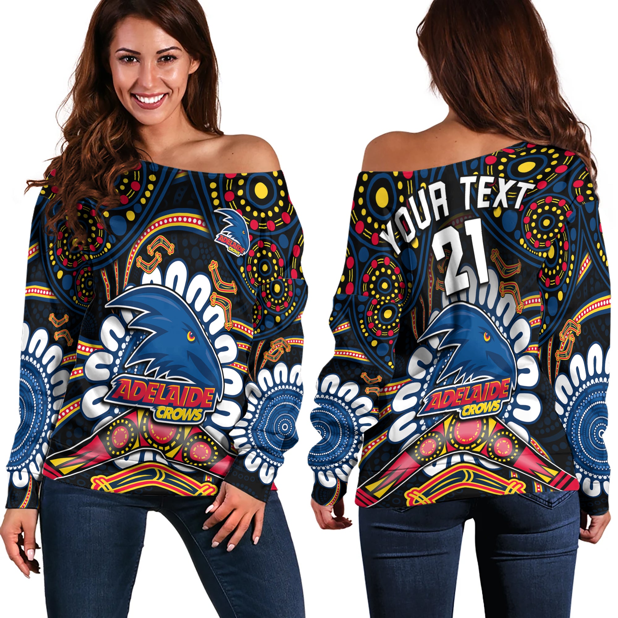 custom-adelaide-crows-football-off-shoulder-sweater-boomerang-indigenous-dots