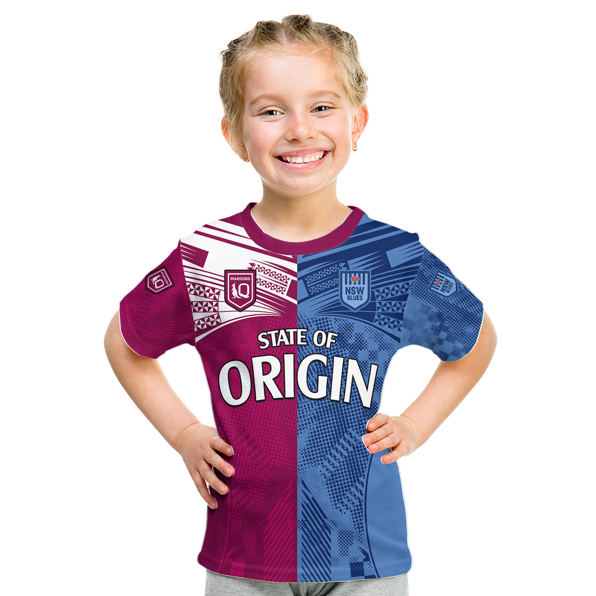 Blues and Maroons Rugby Kid T Shirt State of Origin NSW Combine QLD Sporty Style 2023 LT9