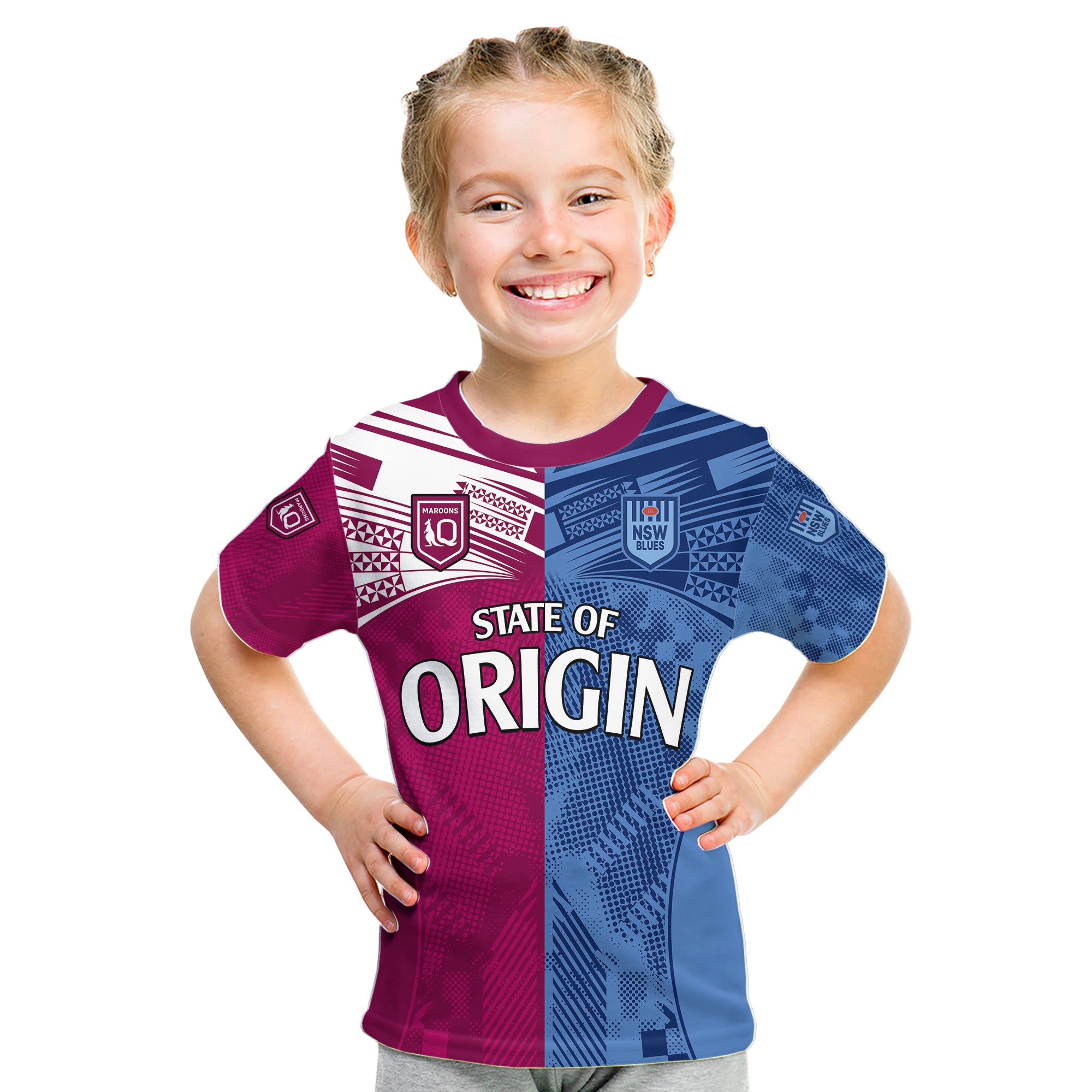 Blues and Maroons Rugby Kid T Shirt State of Origin NSW Combine QLD Sporty Style 2023 LT9