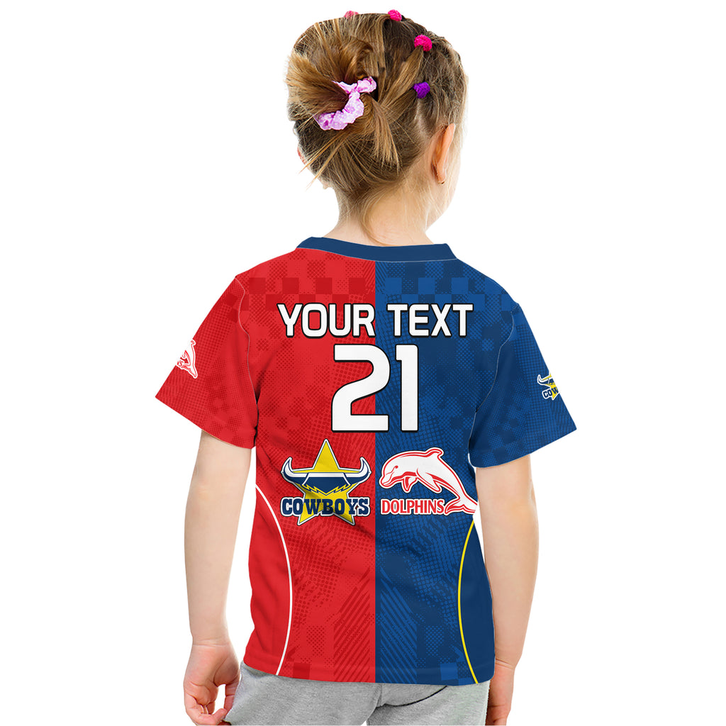 (Custom Text And Number) NRL Half Dolphins and Half Cowboys Rugby Kid T Shirt Sporty Style LT9