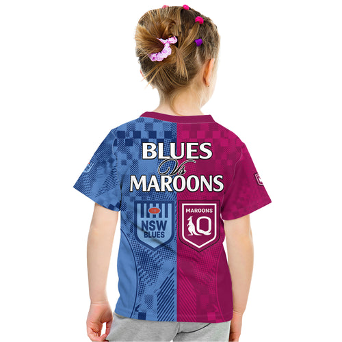 Blues and Maroons Rugby Kid T Shirt State of Origin NSW Combine QLD Sporty Style 2023 LT9