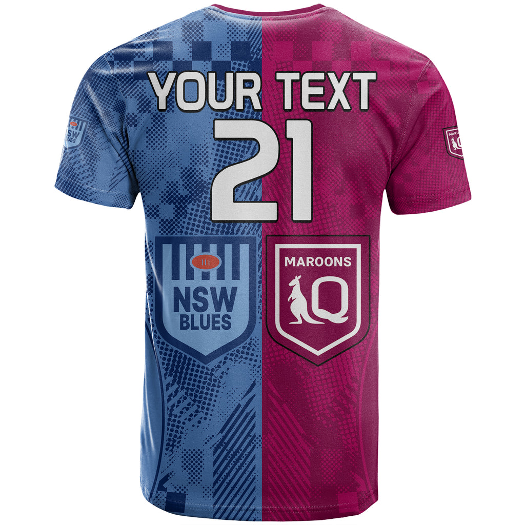 (Custom Text And Number) Blues and Maroons Rugby T Shirt State of Origin NSW Combine QLD Sporty Style 2023 LT9