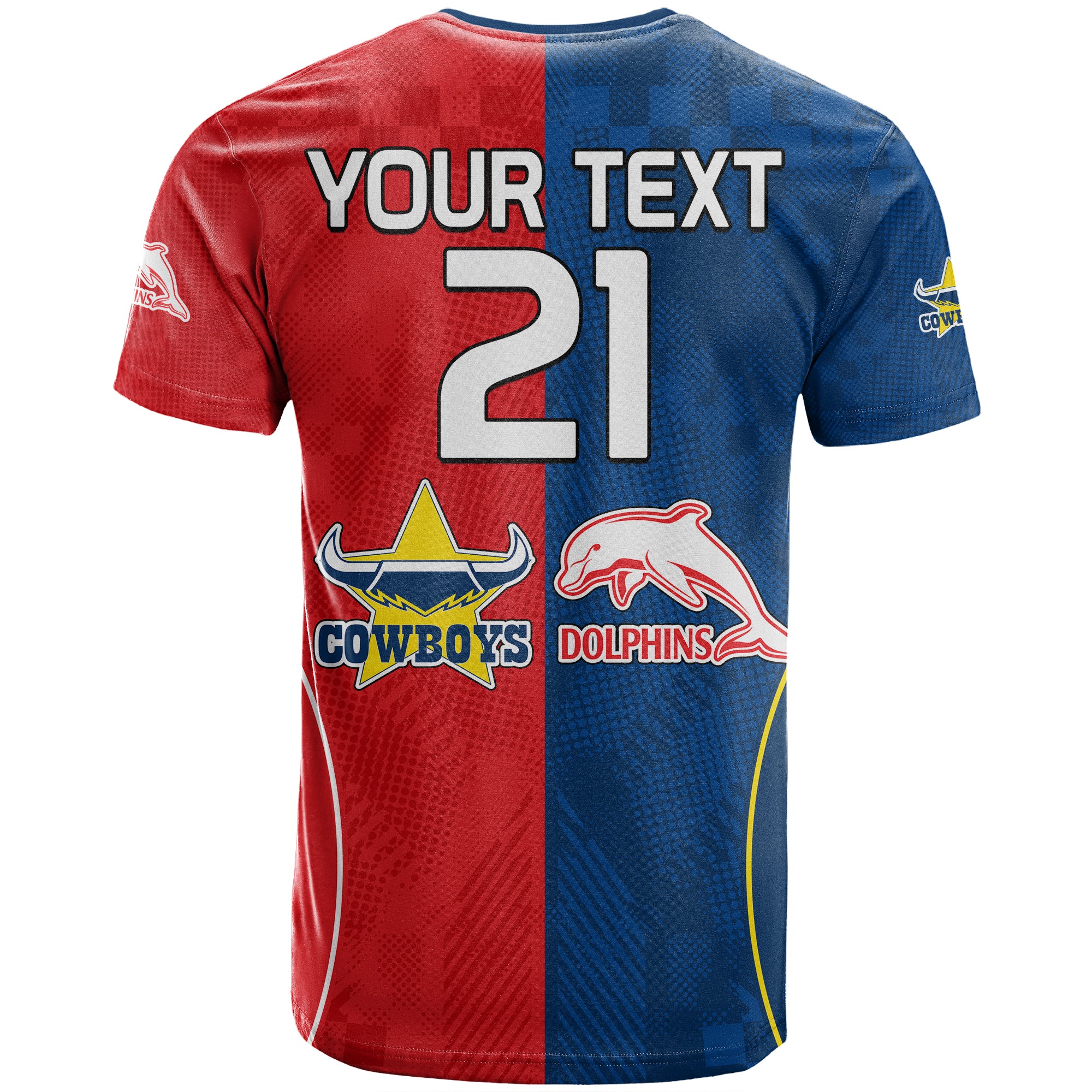 (Custom Text And Number) NRL Half Dolphins and Half Cowboys Rugby T Shirt Sporty Style LT9