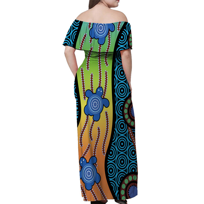 australian-aboriginal-turtle-blue-off-shoulder-long-dress