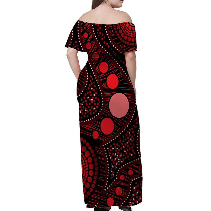 australian-aboriginal-art-red-off-shoulder-long-dress