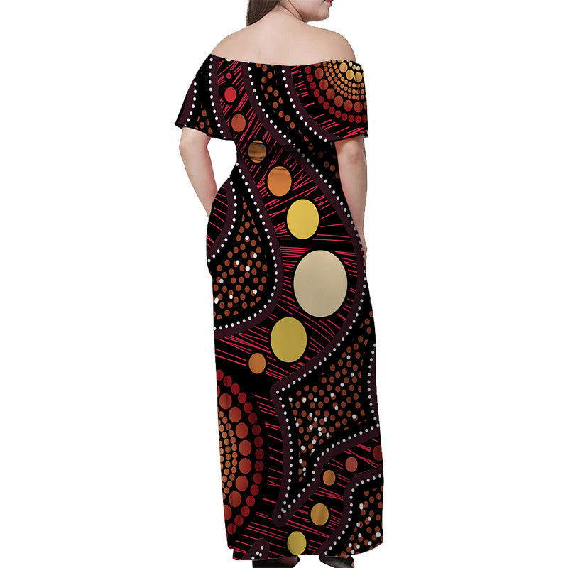 australian-aboriginal-art-gold-off-shoulder-long-dress