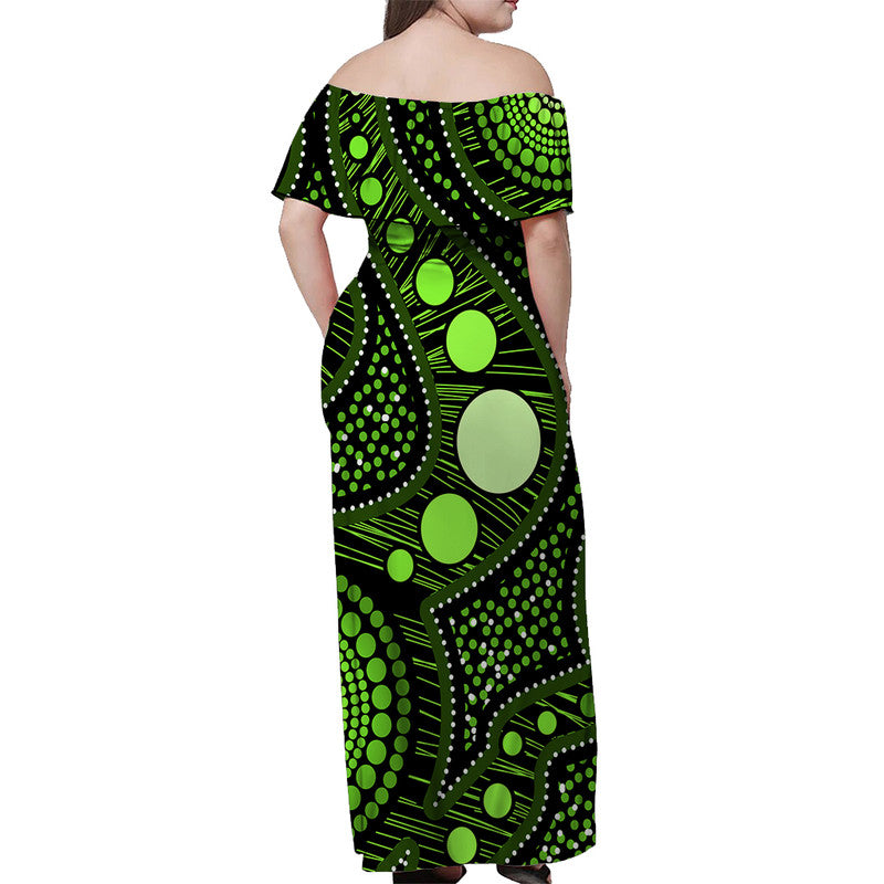 australian-aboriginal-art-green-off-shoulder-long-dress