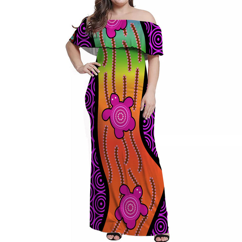 australian-aboriginal-turtle-pink-off-shoulder-long-dress