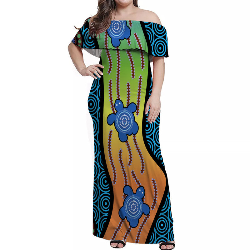 australian-aboriginal-turtle-blue-off-shoulder-long-dress