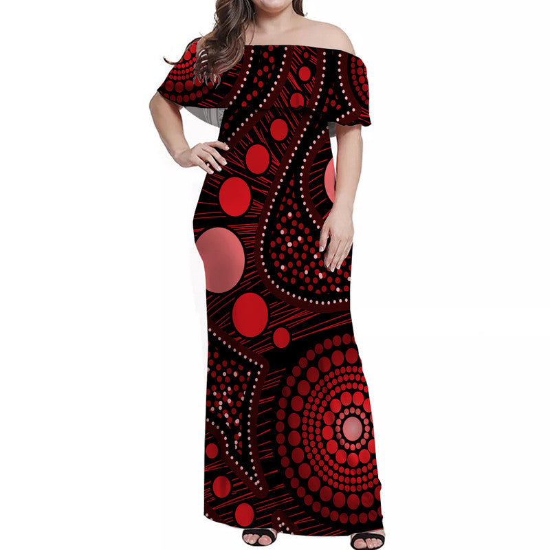 australian-aboriginal-art-red-off-shoulder-long-dress