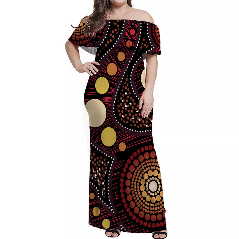 australian-aboriginal-art-gold-off-shoulder-long-dress