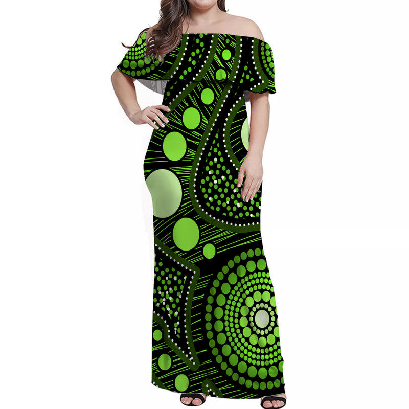 australian-aboriginal-art-green-off-shoulder-long-dress