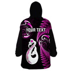 Personalised New Zealand Wearable Blanket Hoodie Aotearoa Silver Fern With Manaia Maori Unique Pink LT14