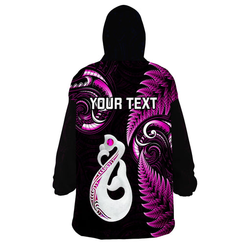 Personalised New Zealand Wearable Blanket Hoodie Aotearoa Silver Fern With Manaia Maori Unique Pink LT14