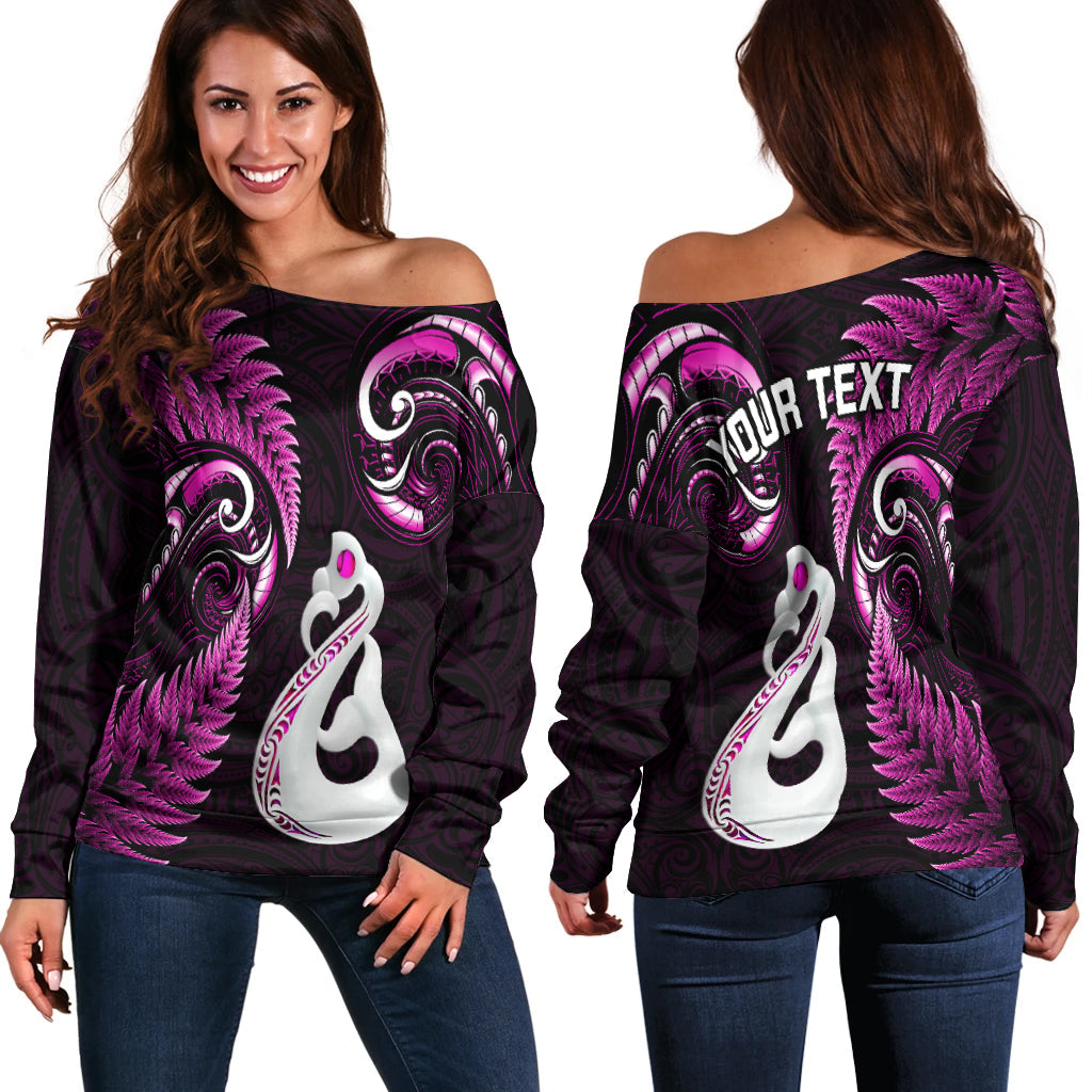 Personalised New Zealand Off Shoulder Sweater Aotearoa Silver Fern With Manaia Maori Unique Pink LT14