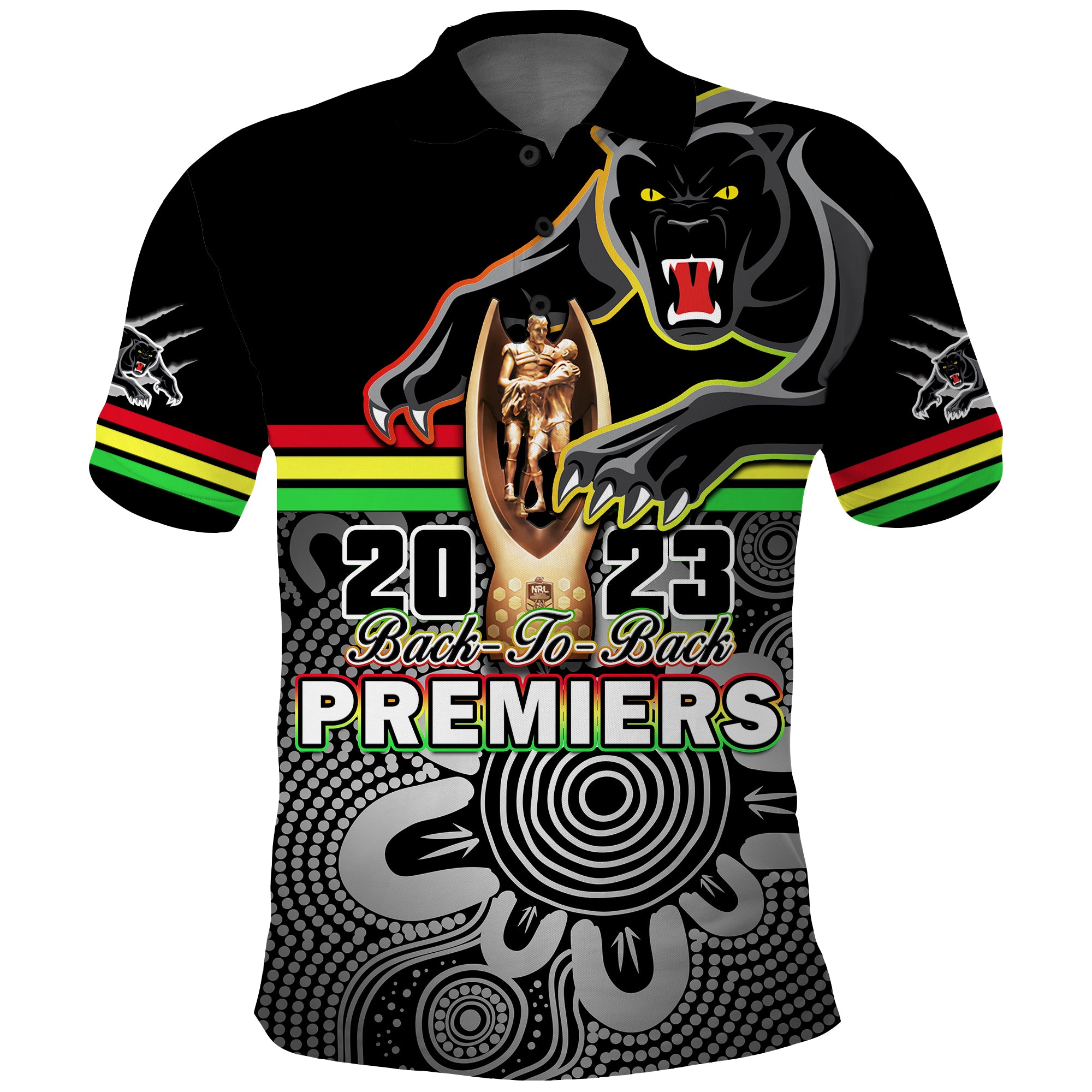 Panthers Rugby Polo Shirt Pennies Premiers 2023 Back To Back Indigenous Original LT14