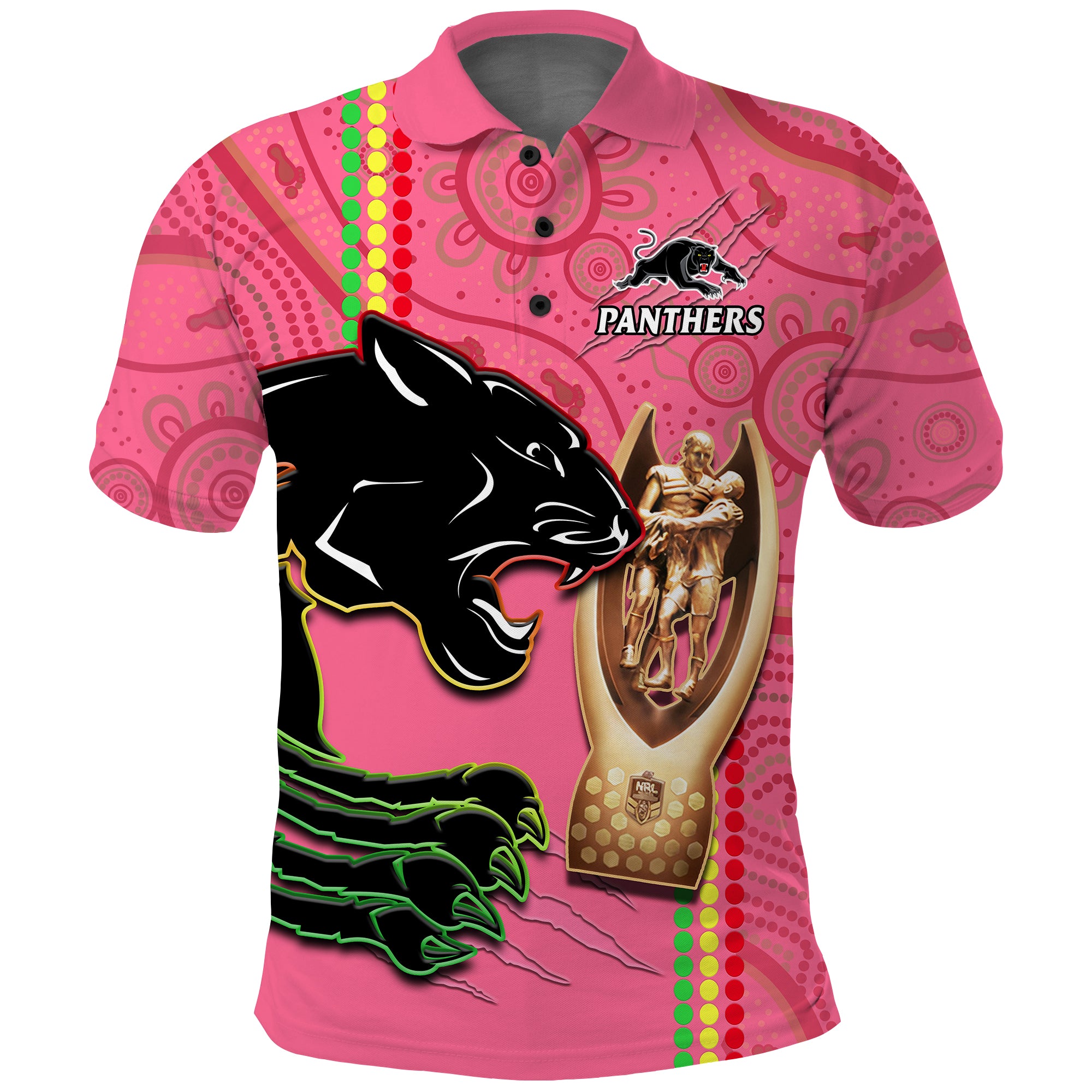 Panthers Rugby Polo Shirt The Riff 2023 Premiers Aboriginal Pink LT14