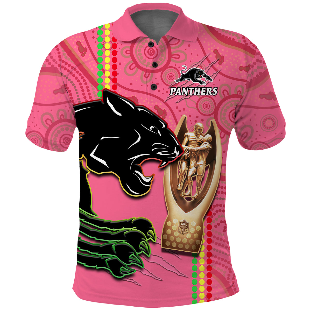 Panthers Rugby Polo Shirt The Riff 2023 Premiers Aboriginal Pink LT14