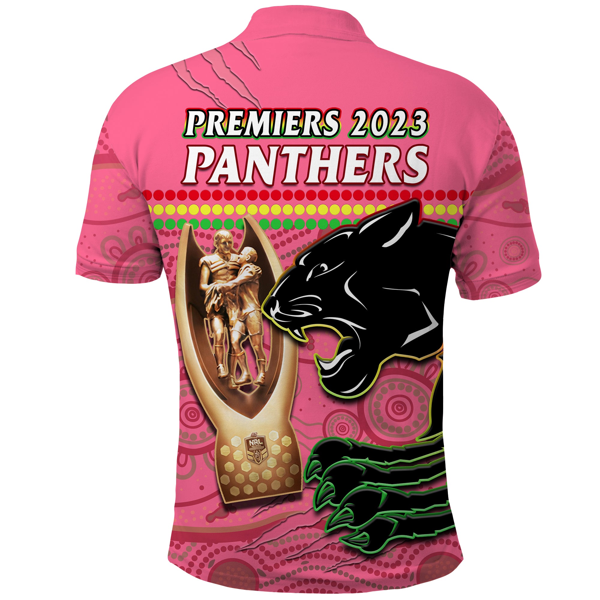 Panthers Rugby Polo Shirt The Riff 2023 Premiers Aboriginal Pink LT14