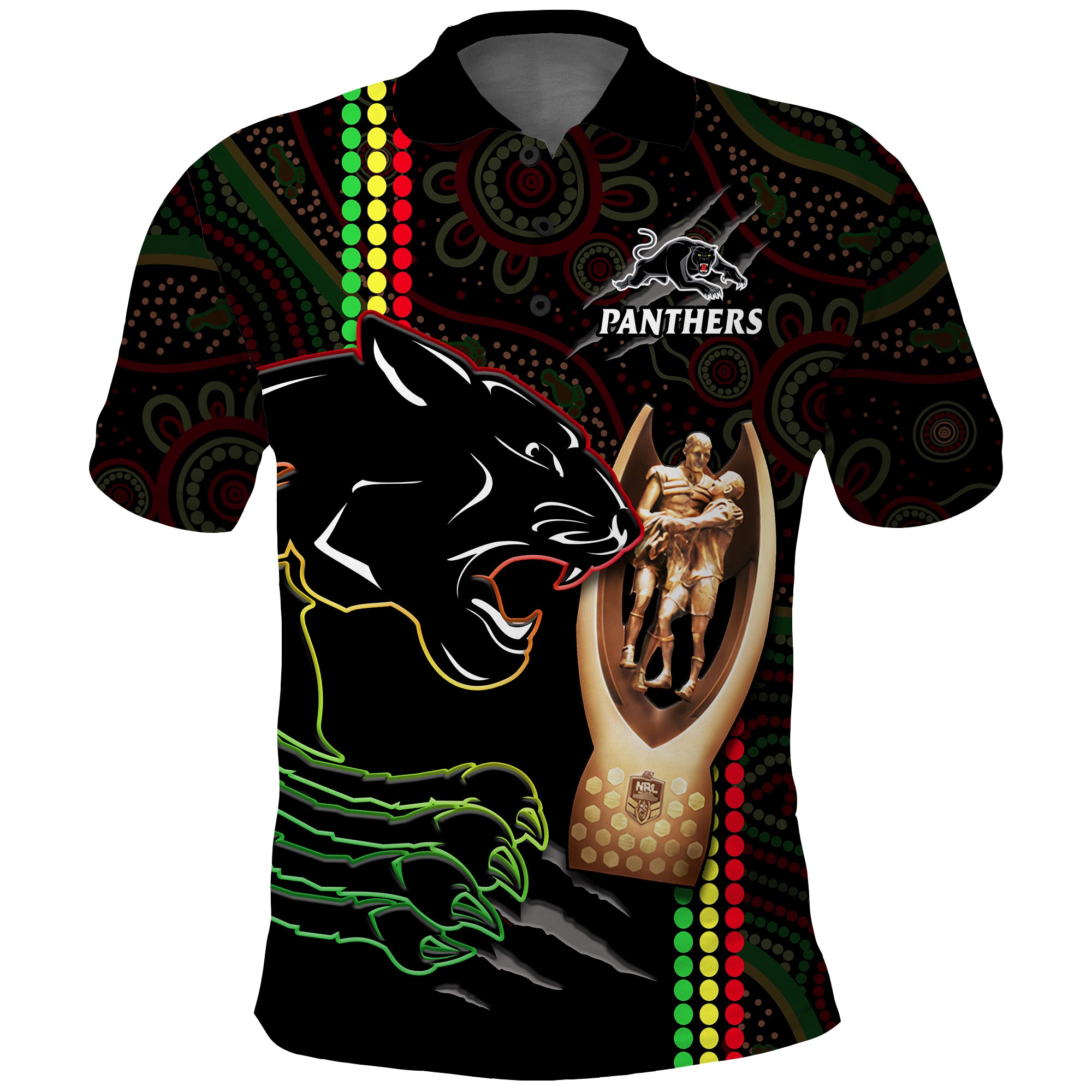 Panthers Rugby Polo Shirt The Riff 2023 Premiers Aboriginal Art LT14