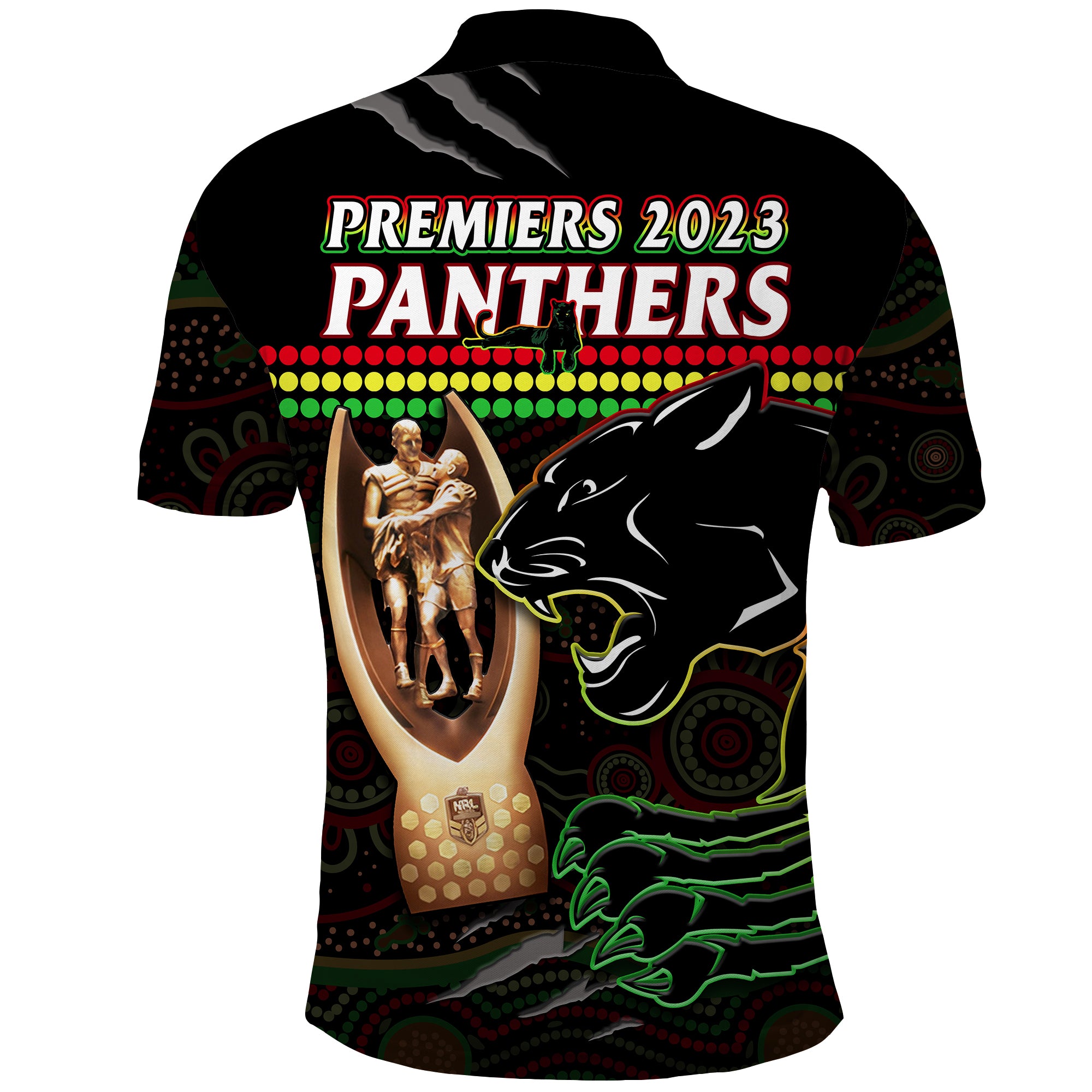 Panthers Rugby Polo Shirt The Riff 2023 Premiers Aboriginal Art LT14