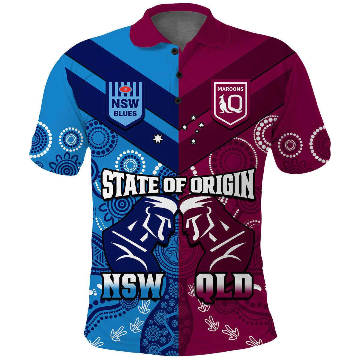 (Custom Personalised) QLD Maroons And NSW Blues Rugby Polo Shirt State of Origin Indigenous LT14