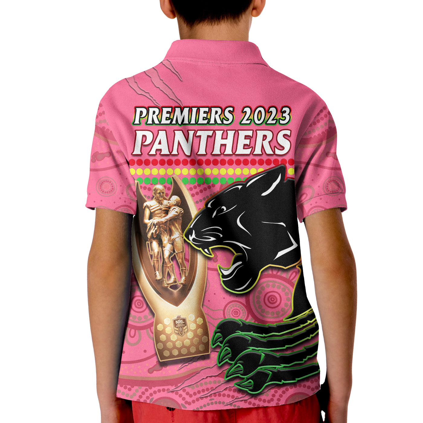 Panthers Rugby Polo Shirt The Riff 2023 Premiers Aboriginal Pink LT14