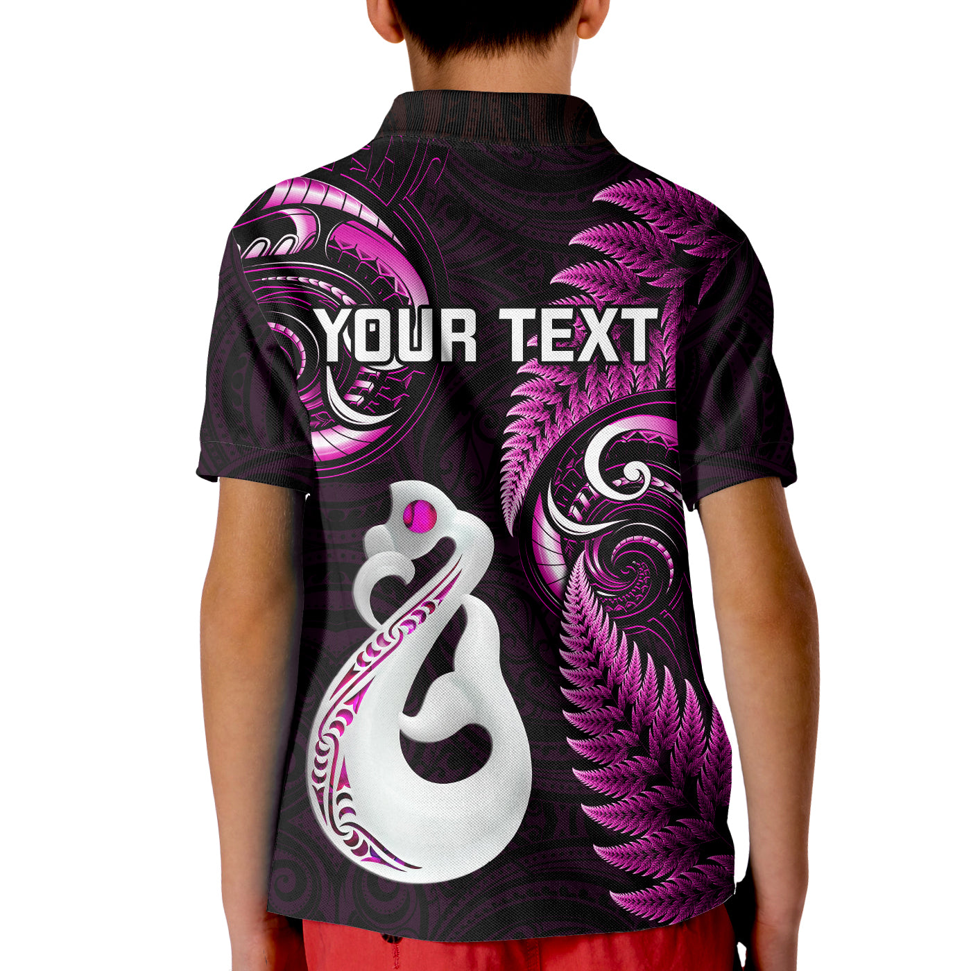 Personalised New Zealand Kid Polo Shirt Aotearoa Silver Fern With Manaia Maori Unique Pink LT14