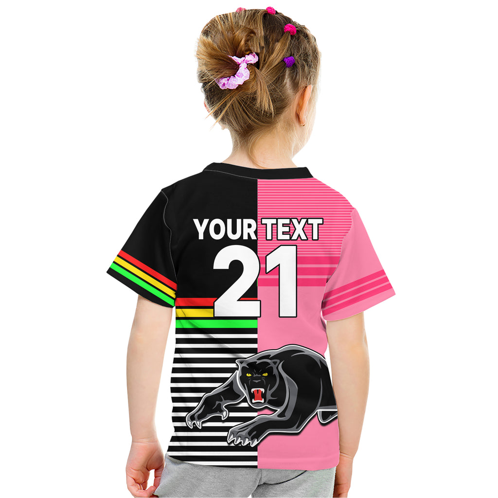 (Custom Text And Number) Penrith Panthers Rugby Kid T Shirt Proud The Panthers Comeback Black and Pink LT9