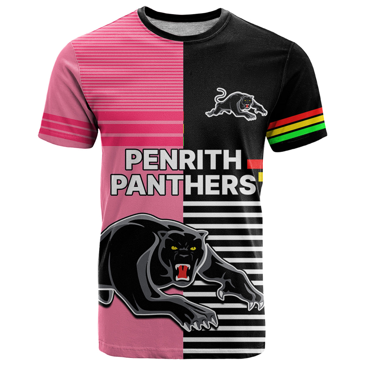 (Custom Text And Number) Penrith Panthers Rugby T Shirt Proud The Panthers Comeback Black and Pink LT9