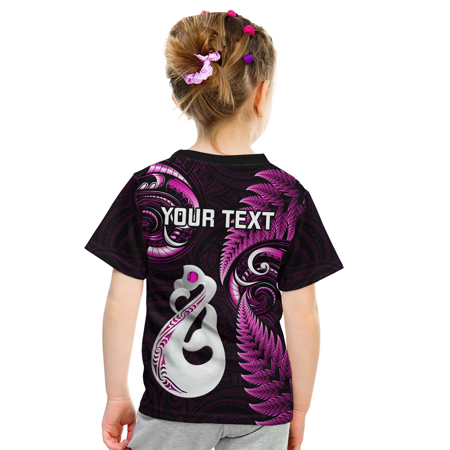 Personalised New Zealand Kid T Shirt Aotearoa Silver Fern With Manaia Maori Unique Pink LT14