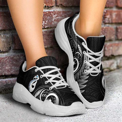 All Black New Zealand Chunky Sneakers Aotearoa Silver Fern With Manaia Maori Unique