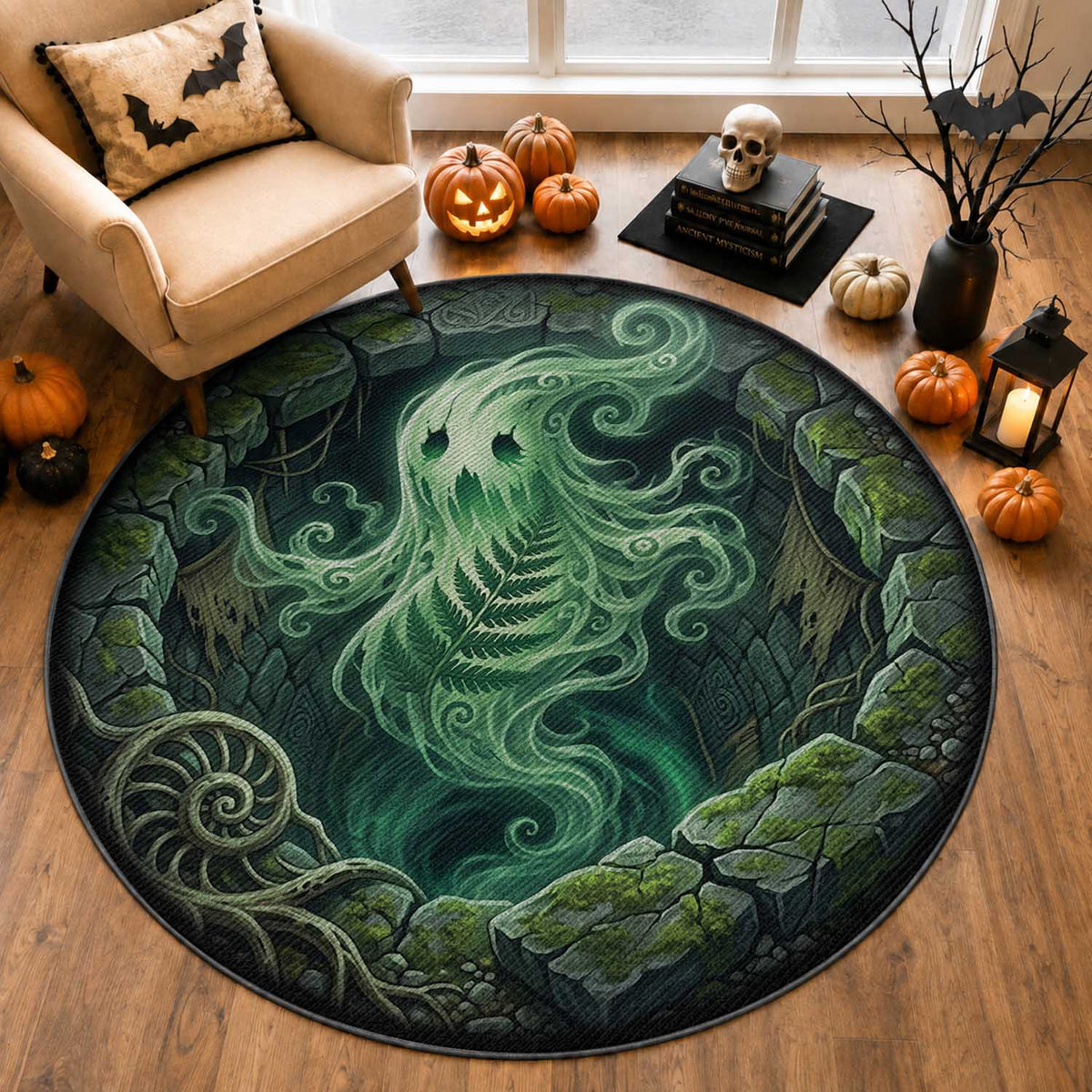 Aotearoa Green Fern Ghost Spirit Round Carpet