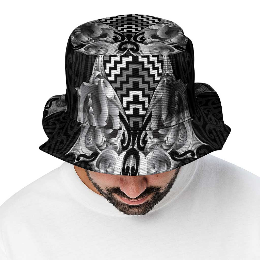 Aotearoa Kowhaiwhai Poutama Black Motif Bucket Hat